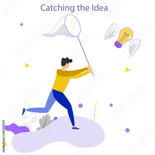 Man with butterfly net catching flying winged lightbulb. Concept of chasing or pursuing innovative business idea
