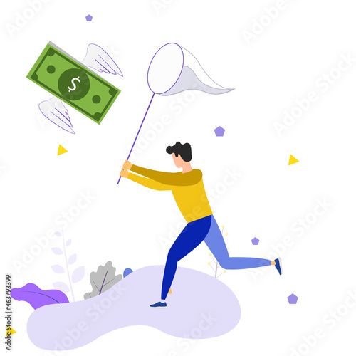 Money chase business concept with businessman running after dangling dollar and trying to catch it. busy in the loop routine