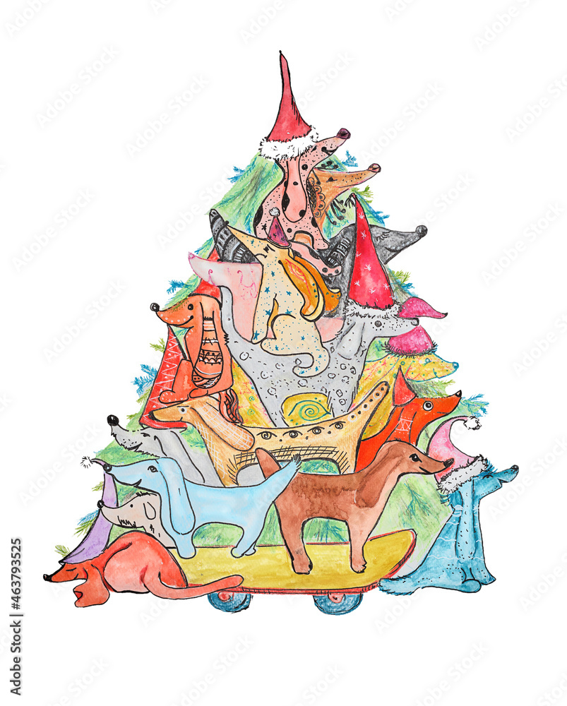 Watercolor illustration of dogs on top of each other with gifts near the Christmas tree