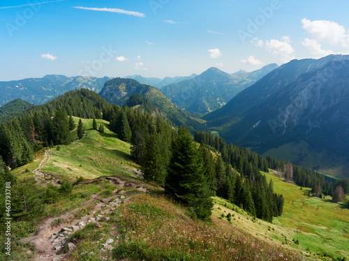 View over the mountains and valleys of Allg  u Alps  Germany