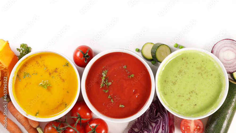 various bowl of vegetable soup on white background various bowl of vegetable soup on white background