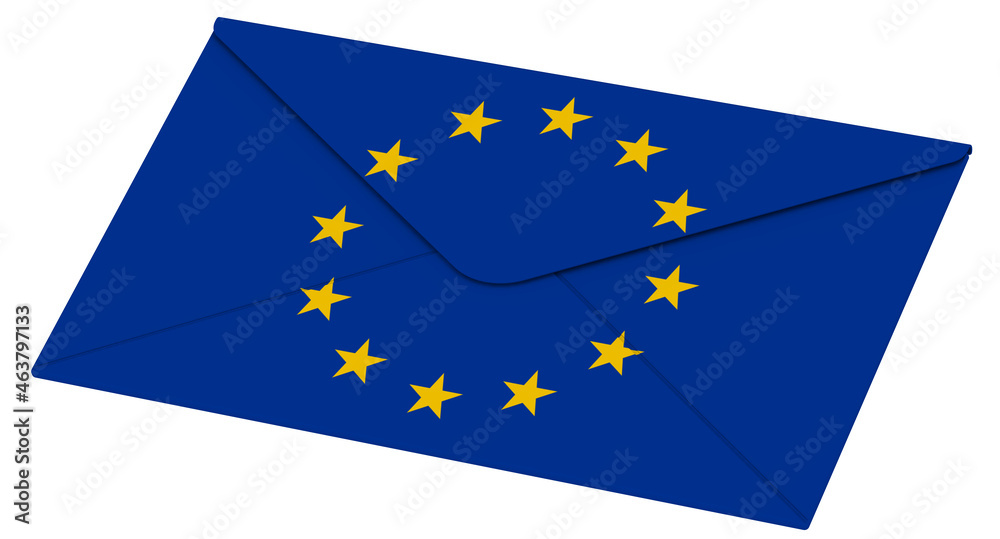 Closed envelope with European Union flag. One closed white envelope with the flag of European Union isolated on white background. 3d illustration