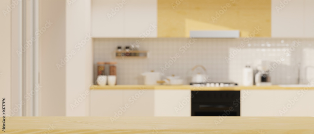 Wooden table top with mockup space over modern spacious bright kitchen space in background. Wooden table top with mockup space over modern spacious bright kitchen space in background.