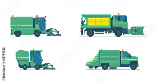 Sweeper trucks set. Vector illustration.