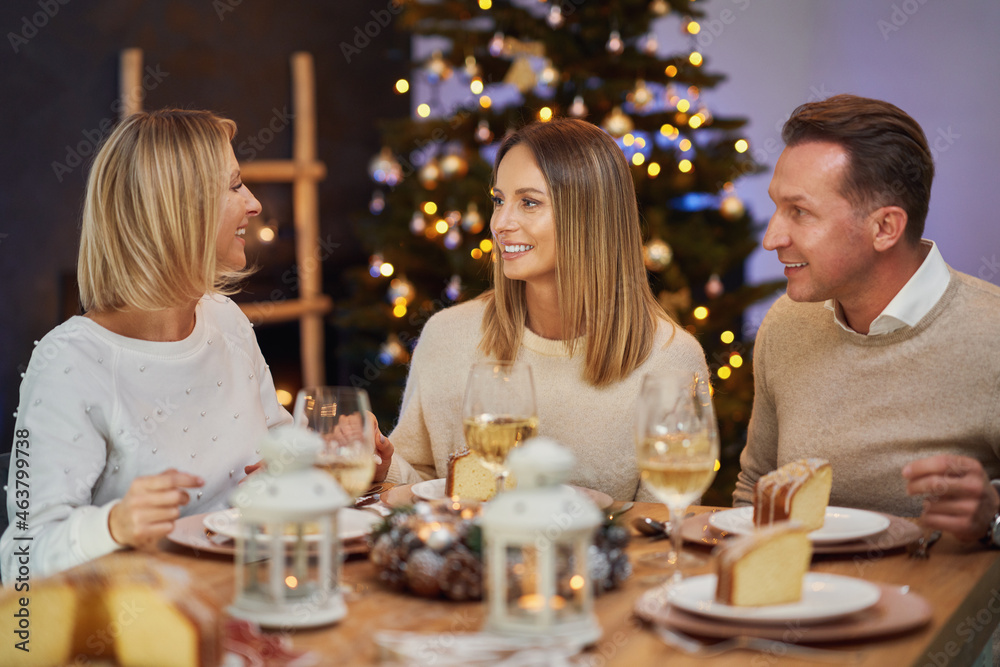 Friends celebrating christmas party holding wine Friends celebrating christmas party holding wine
