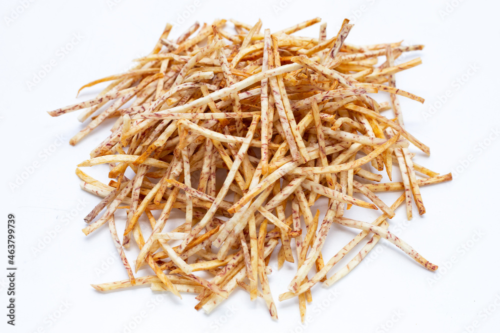 Fried taro sticks on white background.