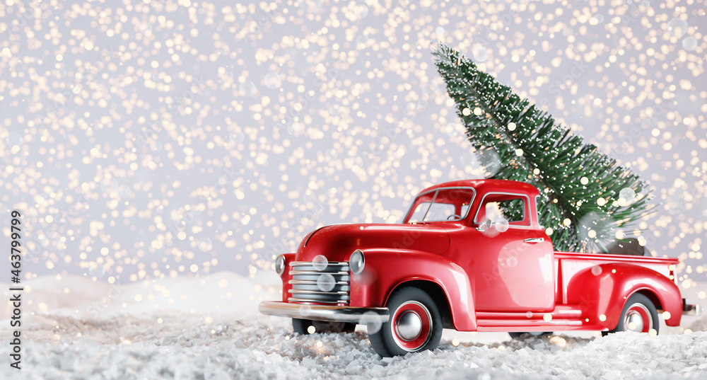 Christmas tree on red toy car trunk - obrazy, fototapety, plakaty 