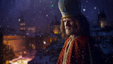 Saint Nicholas - Sinterklaas - Dutch Santa on top of the roof of night winter cityview. High quality photo