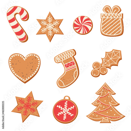 Set of cute gingerbread cookies for christmas. Christmas gingerbread cookies, winter holiday food. Vector Xmas tree and ball, cane and heart and house and gift box. Isolated on white background 