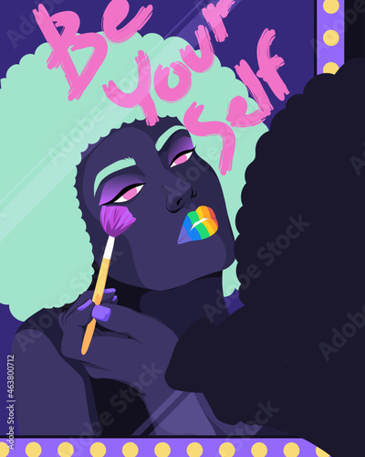 Woman applying makeup in mirror with rainbow lips