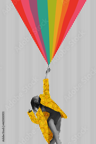 Contemporary art collage of beautiful female dancer in yellow drawn jacket touching rainbow element. LGBTQIA support