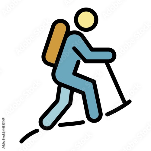 Hiking man icon. Outline hiking man vector icon color flat isolated