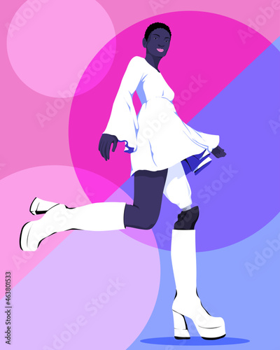 Young woman with prosthetic leg walking and smiling