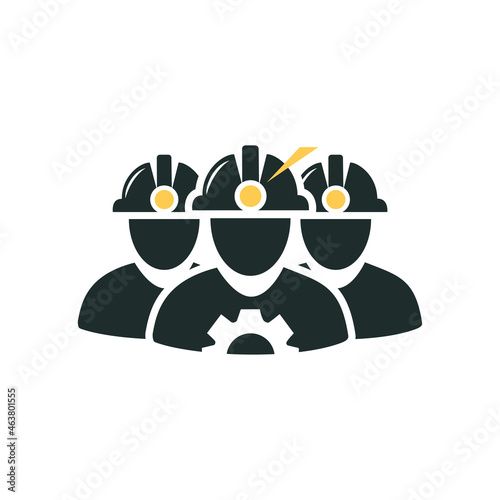 Flat icon with three workers in helmets with ray of light. Professional builder, miner, metallurgist team, safety concept. Vector