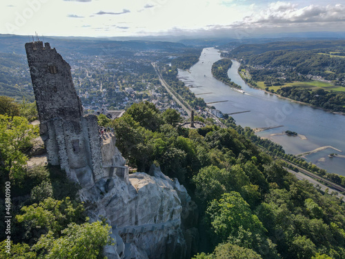 Drone view at Drachenfels ruin over Königswinter on Germany