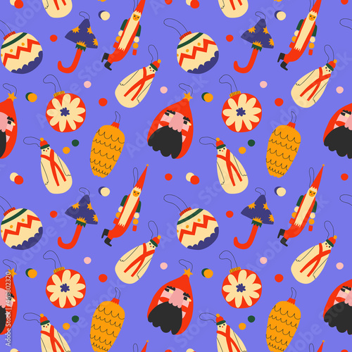 vector seamless pattern - vibrant vintage christmas toys. Retro santa claus ornament, snowman, ball on christmas tree. Psychedelic new year 70s and 80s. Wrapping paper and wallpaper social media