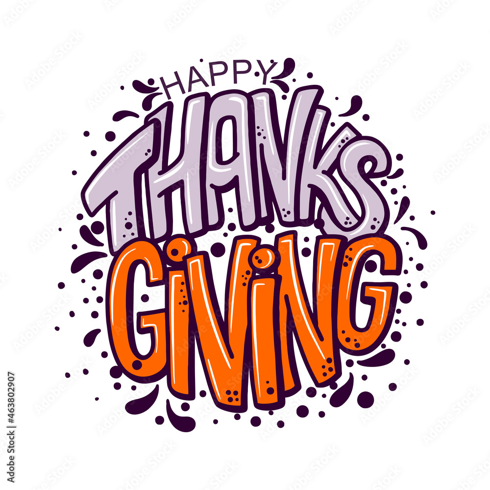 Fototapeta premium Happy Thanksgiving day. Banner with handwritten lettering and hand-drawn elements. Autumn background. Vector illustration.