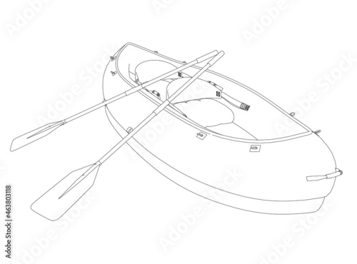 Contour of a rubber boat with oars from black lines isolated on a white background. Vector illustration