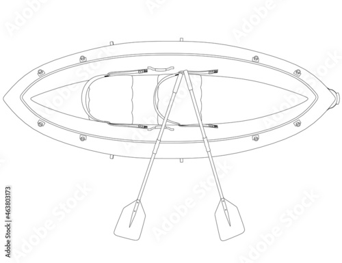 Contour of a rubber boat with oars from black lines isolated on a white background. View from above. Vector illustration