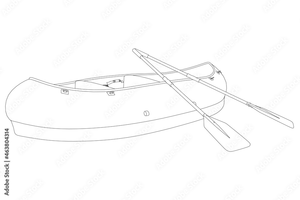 Fototapeta premium Contour of a rubber boat with oars from black lines isolated on a white background. Vector illustration