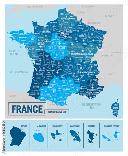 France country political administrative map. High detailed vector illustration with isolated provinces, departments, regions, cities, islands and states easy to ungroup.