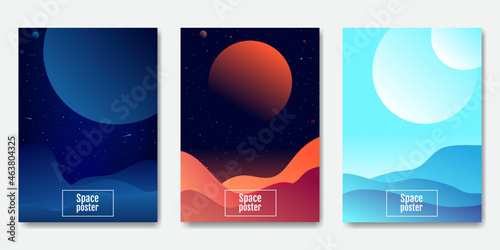 Space posters in flat style. Modern cover concept. Cosmos art. Modern abstract vector set. Graphic color background. Web banner, wallpaper. Vector illustration. Traveler universe.