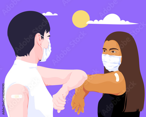 Vaccinated friends social distance with elbows