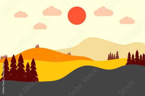 Vector illustration of horizontal banner of autumn landscape   mountains and tree. Autumn landscape. Panoramic of countryside landscape. Cartoon style with beautiful colors. 
