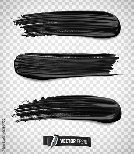 Vector realistic black paint brush strokes on a transparent background.
