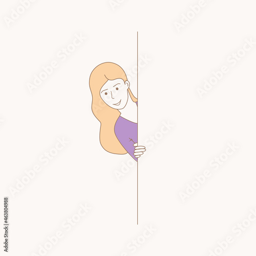 Woman hiding behind the wall isolated on beige background. For web site, ad, wallpaper and placard. Useful for advert, poster, book cover and banner. Creative art concept, vector illustration