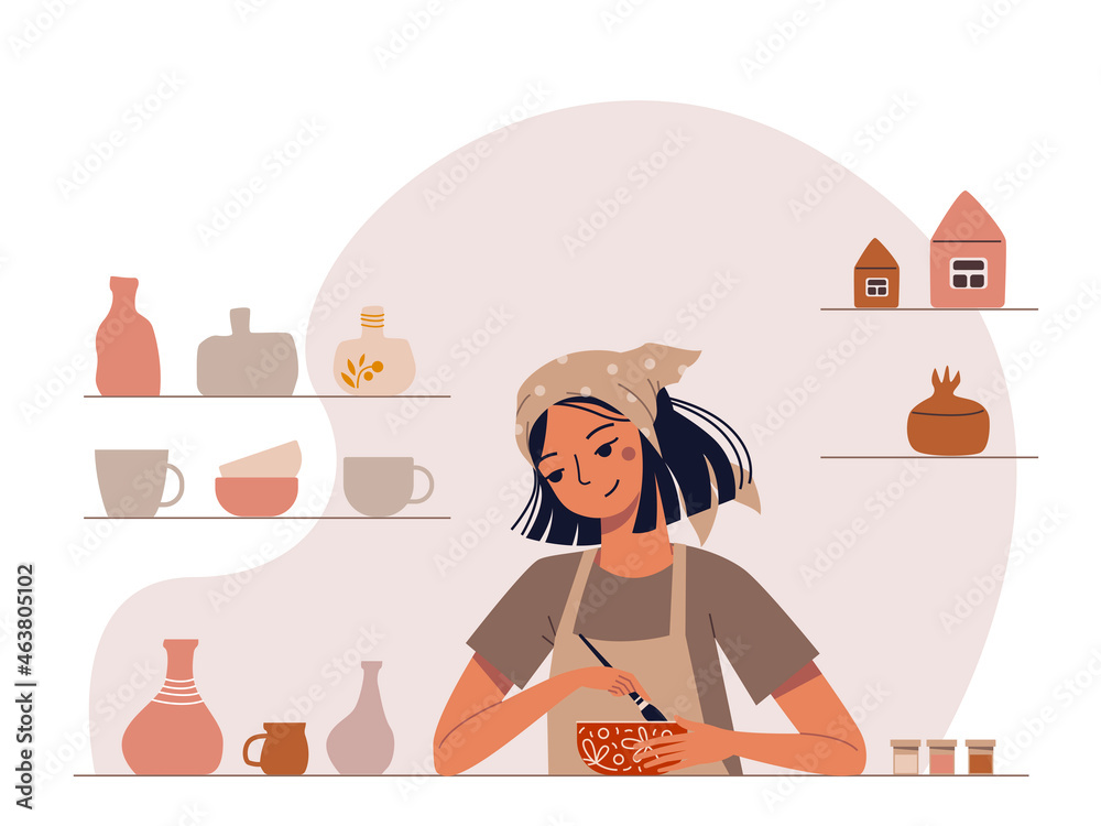 Cute cartoon young woman painting a bowl on a pottery workshop. Ceramic handmade kitchenware.
