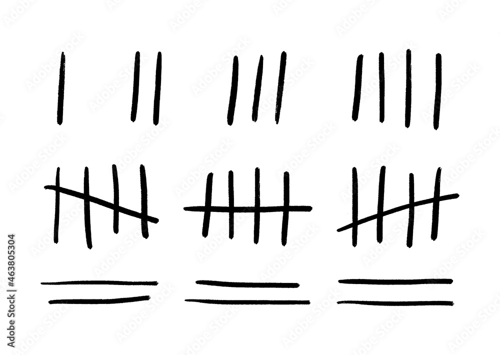 Lines from one to four crossed out with a diagonal stick of five. Tally marks or prison marks isolated. Four sticks crossed out by the line. Vector illustration of black counter signs. Lines from one to four crossed out with a diagonal stick of five. Tally marks or prison marks isolated. Four sticks crossed out by the line. Vector illustration of black counter signs.