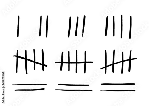 Lines from one to four crossed out with a diagonal stick of five. Tally marks or prison marks isolated. Four sticks crossed out by the line. Vector illustration of black counter signs.