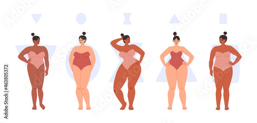 Set of full female body types circle, triangle, hourglass and rectangle. A variety of women in swimsuits show different body shapes. Vector illustration of chubby girls with different skin isolated.