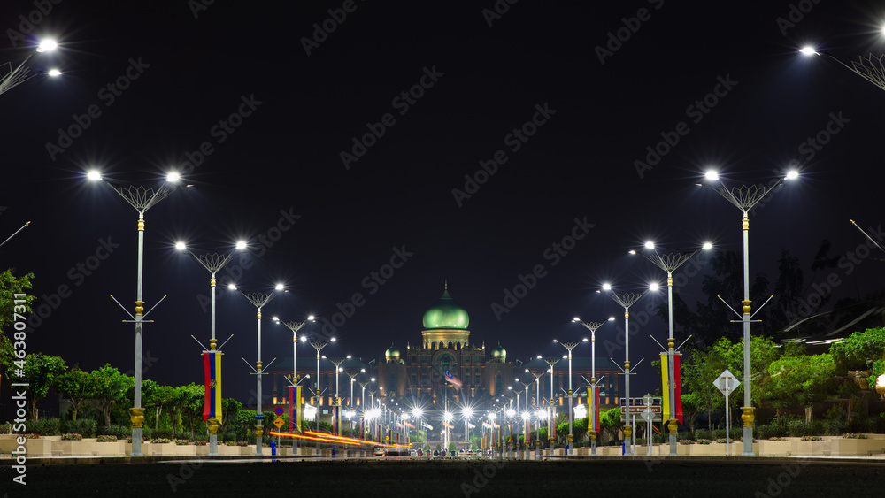 wide night asphalt road in lights background. High quality photo