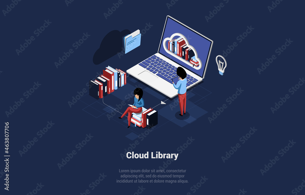 Isometric Vector Illustration With Writing. Conceptual Composition In Cartoon 3D Style. Cloud Library, Important Books And Documents Storage, Online Application Or Program Of Offline Access To Info - obrazy, fototapety, plakaty 