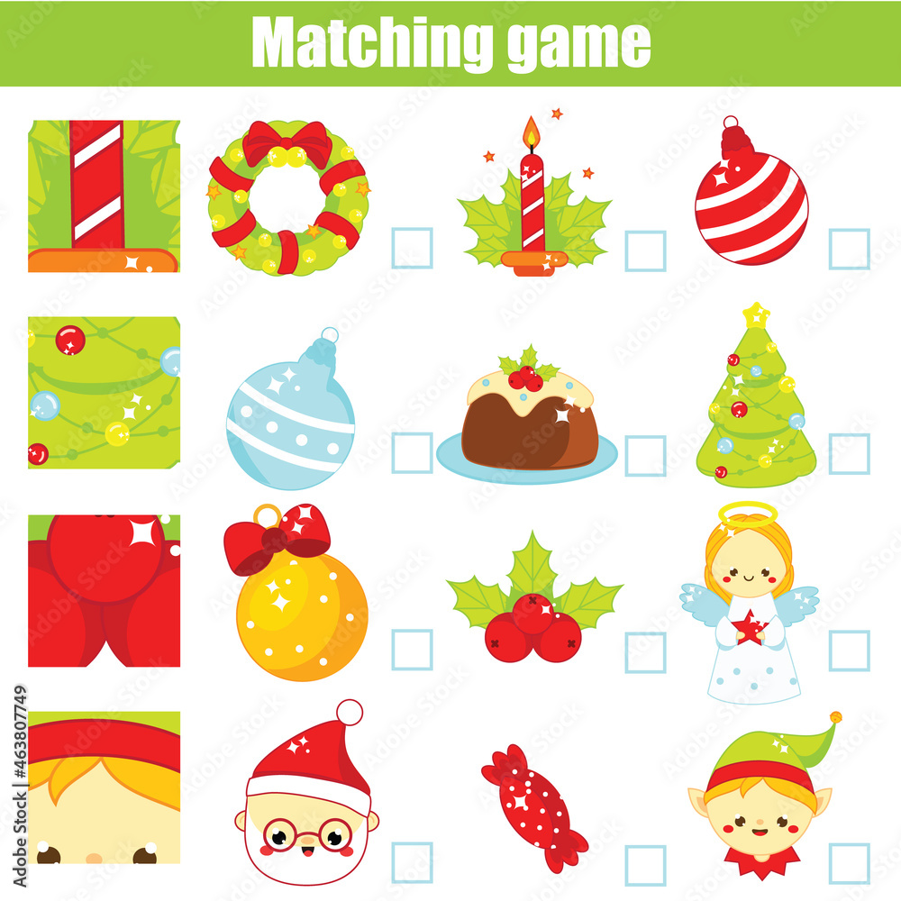 Matching game. Educational children activity New Year, Christmas, winter holidays theme. Match pattern and objects