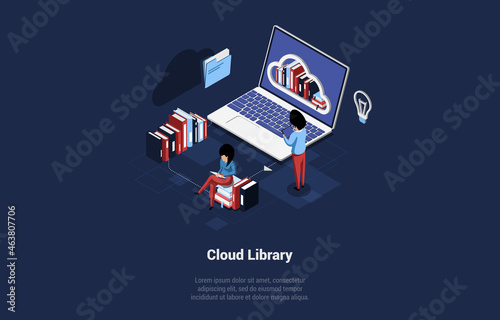 Isometric Vector Illustration With Writing. Conceptual Composition In Cartoon 3D Style. Cloud Library, Important Books And Documents Storage, Online Application Or Program Of Offline Access To Info