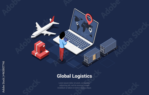 Isometric Vector Illustration With Writing. Conceptual Composition In Cartoon 3D Style. Global Logistics Control Service, International Products Transportation Monitor. Safety Transfer Insurances