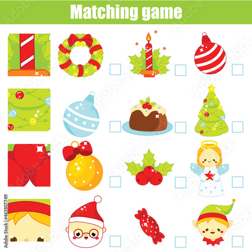 Matching game. Educational children activity New Year  Christmas  winter holidays theme. Match pattern and objects