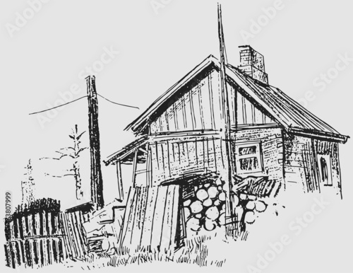 Vector outline drawing of village landscape with old rural house