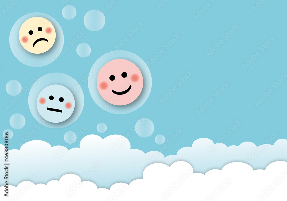 Naklejka premium Happy face circle or smile face with cloud on blue sky background. Concept for positive thinking, mental health assessment, world mental health day. space for the text. paper art design style.
