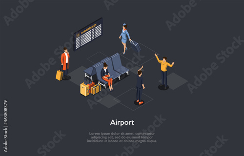 Vector Illustration, Cartoon 3D Style. Isometric Composition, Airport Conceptual Design With Writing. Indoor Elements, Infographics. Group Of People. Passengers Waiting For Flight, Stewarddess Walking