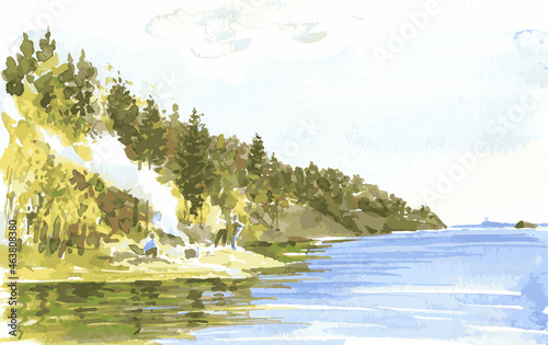 Vector watercolor drawing of landscape by lakeside in autumn morning