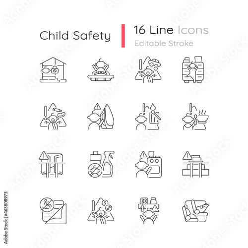 Child safety linear icons set. Baby security precautions. Keep away hazard things from kids. Customizable thin line contour symbols. Isolated vector outline illustrations. Editable stroke