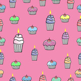 muffin and cupcake illustration on pink background. sweet dessert icon. hand drawn vector. seamless pattern. cherry fruit and candle toppings. doodle art for wallpaper, fabric, wrapping paper and gift