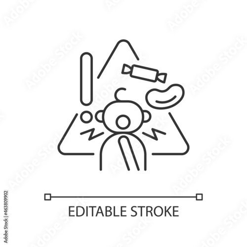 Choking hazard foods linear icon. Child safety at home. Trauma and suffocation prevention. Thin line customizable illustration. Contour symbol. Vector isolated outline drawing. Editable stroke
