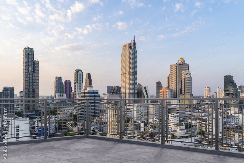 Panoramic Bangkok skyline view, concrete observatory deck on rooftop, sunset. Luxury Asian corporate and residential lifestyle. Financial city downtown, real estate. Product display mockup empty roof Panoramic Bangkok skyline view, concrete observatory deck on rooftop, sunset. Luxury Asian corporate and residential lifestyle. Financial city downtown, real estate. Product display mockup empty roof