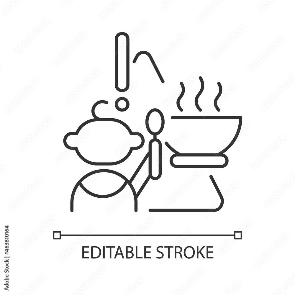 Child and hot food linear icon. Baby safety at home. Burn, injuries prevention. Infant security. Thin line customizable illustration. Contour symbol. Vector isolated outline drawing. Editable stroke