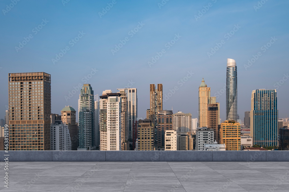 Panoramic Bangkok skyline view, concrete observatory deck on rooftop, sunset. Luxury Asian corporate and residential lifestyle. Financial city downtown, real estate. Product display mockup empty roof